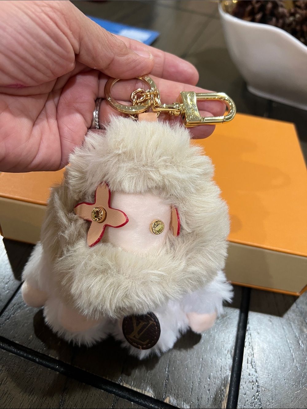 Luxury Beige Fur Charm Keychain with Gold Hardware